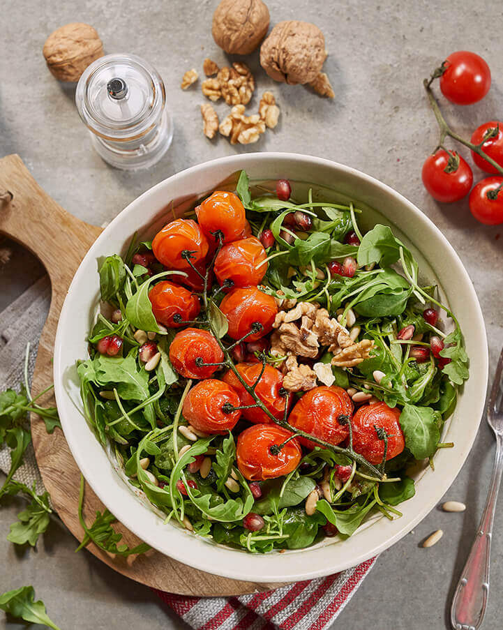 Arugula Salad with pomegranate vinaigrette & nuts made in Olive Oil